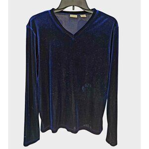 Merona Vintage Royal Blue Velour Pullover Women's Large Long Sleeve V-Neck 90s